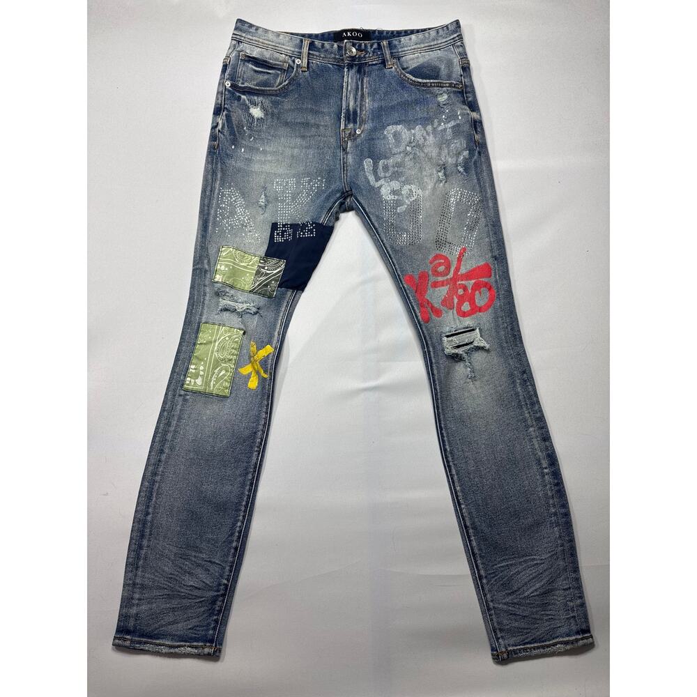 Akoo Men's Slim Fit Patch Skinny Leg Blue Jeans - Size‎ 34 (33x32) *READ*